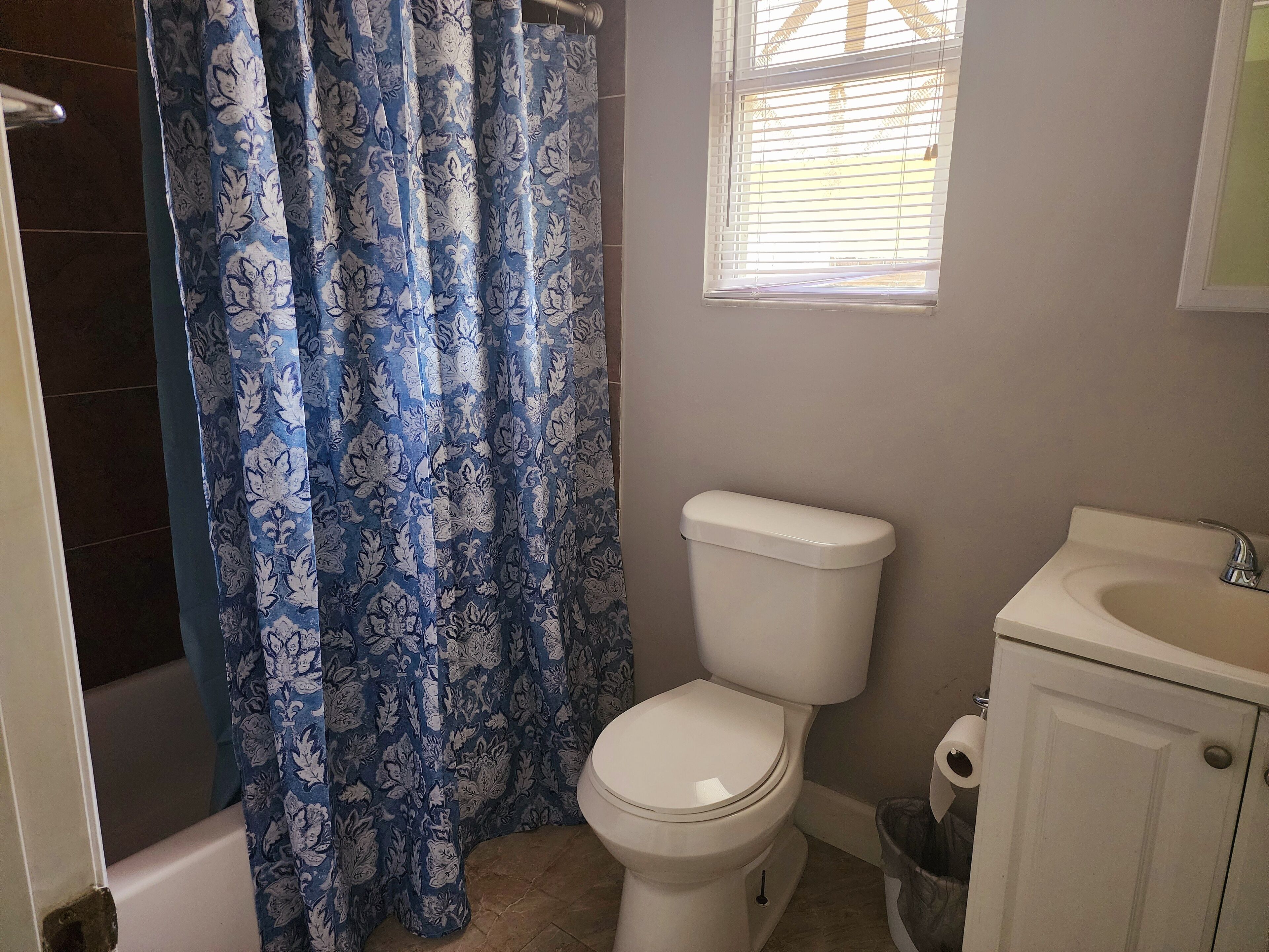 A bathroom with a toilet, sink, and shower curtain.