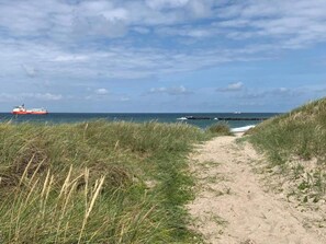 Un sentier côtier qui mène à la mer, avec un navire visible au loin.