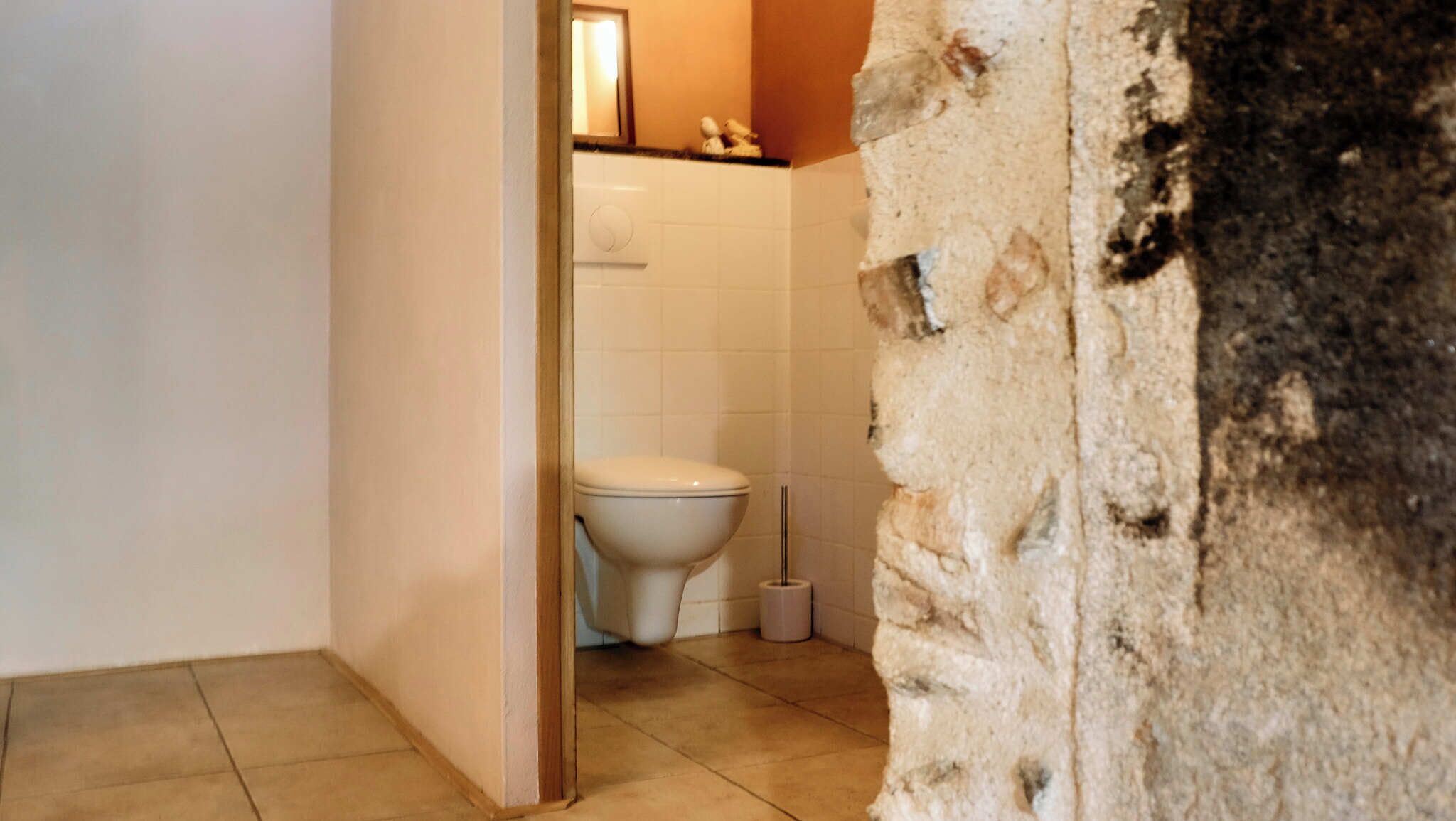 Een badkamer met een toilet, een klein afvalbakje en een betegelde vloer.