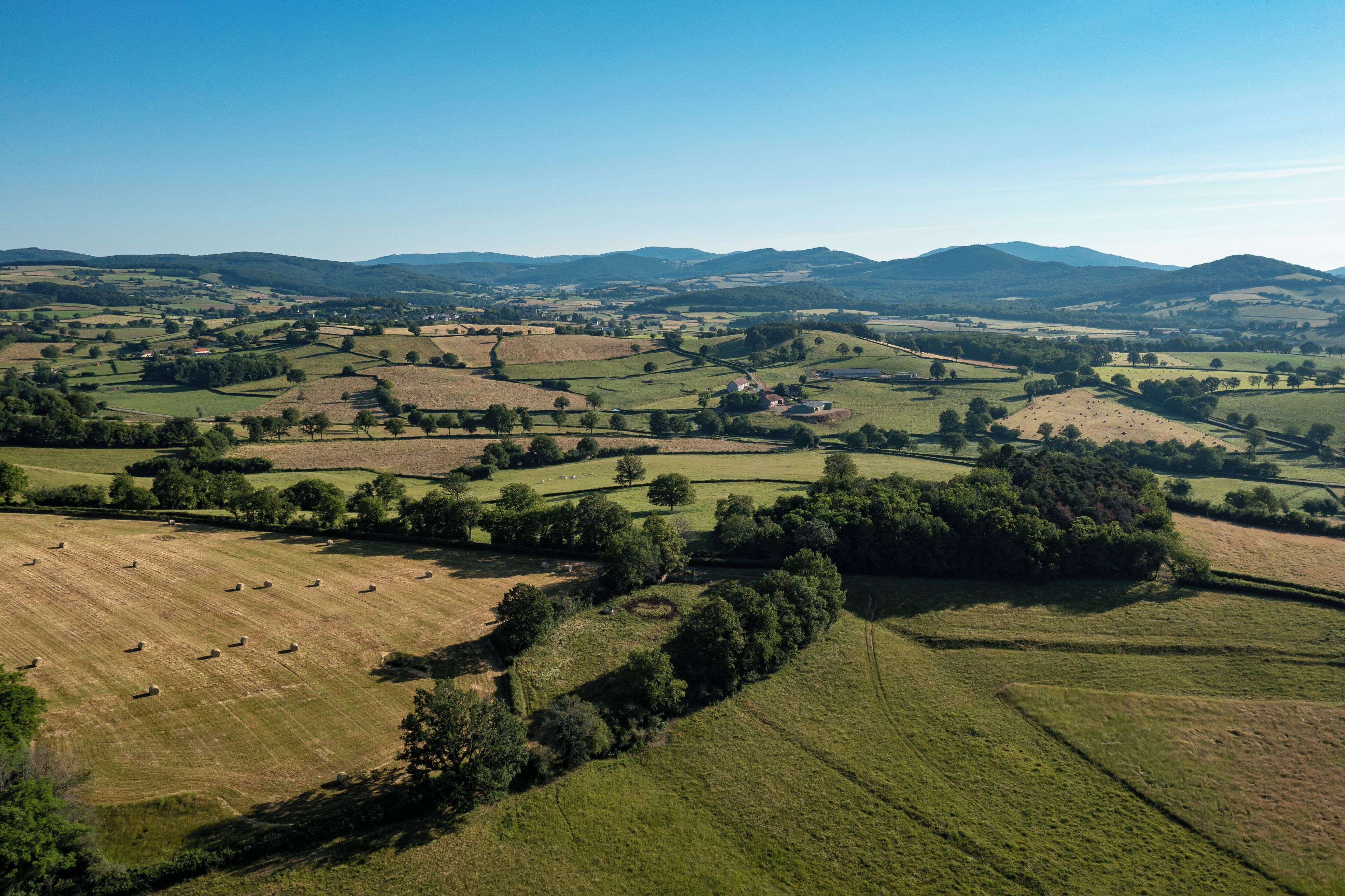 An aerial view of a rural landscape with rolling hills, fields, and scattered trees.