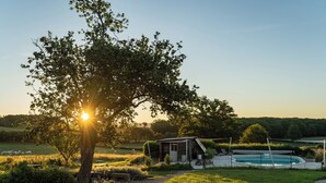 A rustic cabin with a swimming pool, surrounded by a lush green landscape and a large tree. - La vallée des Elements (Chiddes)