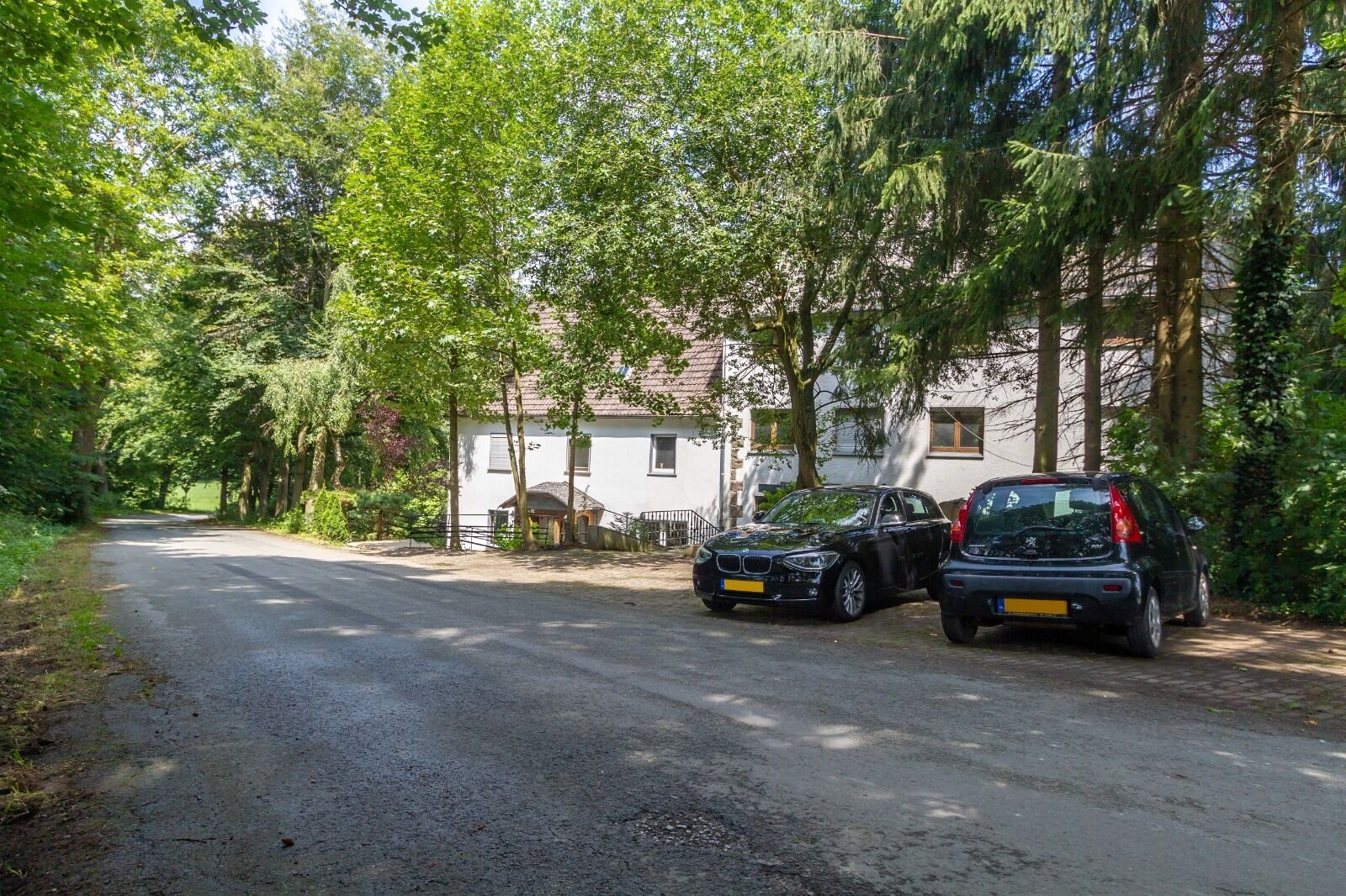 A rural road with two parked cars, a white house with a red roof, and dense green trees lining the road.