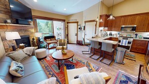 TV, fireplace, table tennis, books