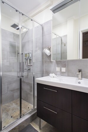 Shower, hair dryer, towels, soap