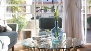 A living room with a glass coffee table, a sofa, a potted plant, and a vase with flowers. - Molcho Neve Tzedek (Tel Aviv)