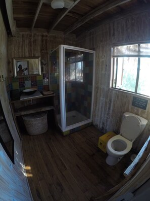 Douche, serviettes fournies, papier de toilette