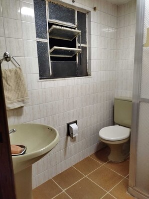 Shower, towels, soap, toilet paper
