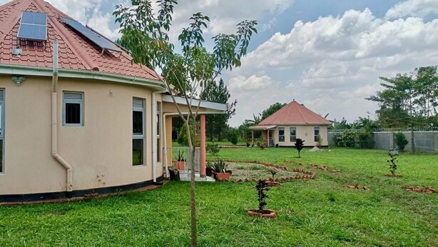 Un edificio de dos pisos con techo de tejas rojas, una pequeña estructura adosada y un patio con plantas en macetas.