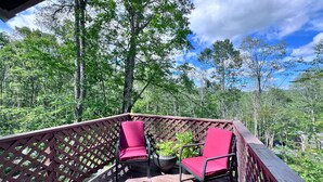 A wooden deck with two red chairs and a potted plant. - Cozy Ski-Mountain Getaway (Sugar Mountain)