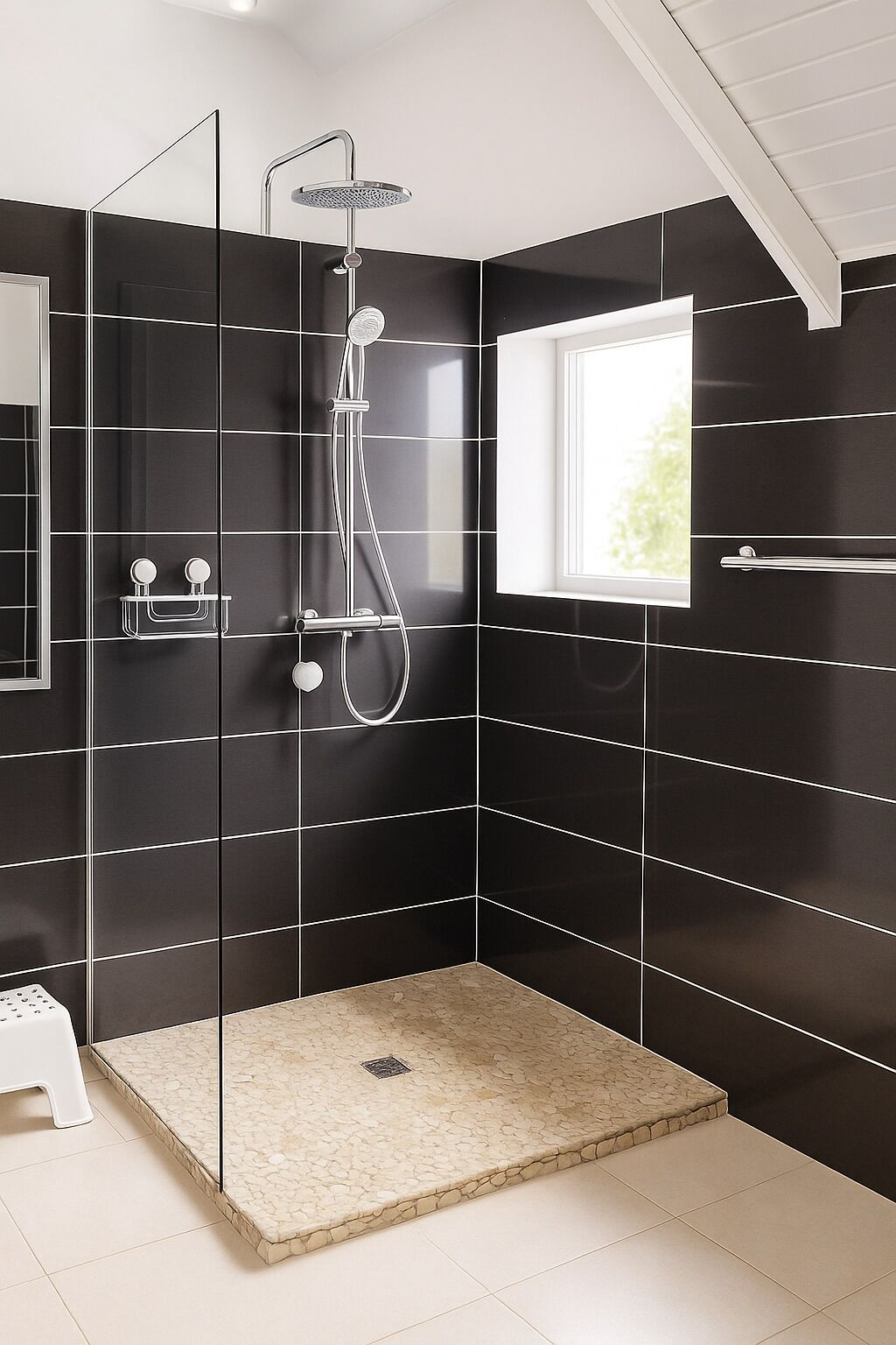 Douche, sèche-cheveux, serviettes fournies, savon