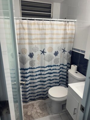Douche, serviettes fournies, savon, papier toilette