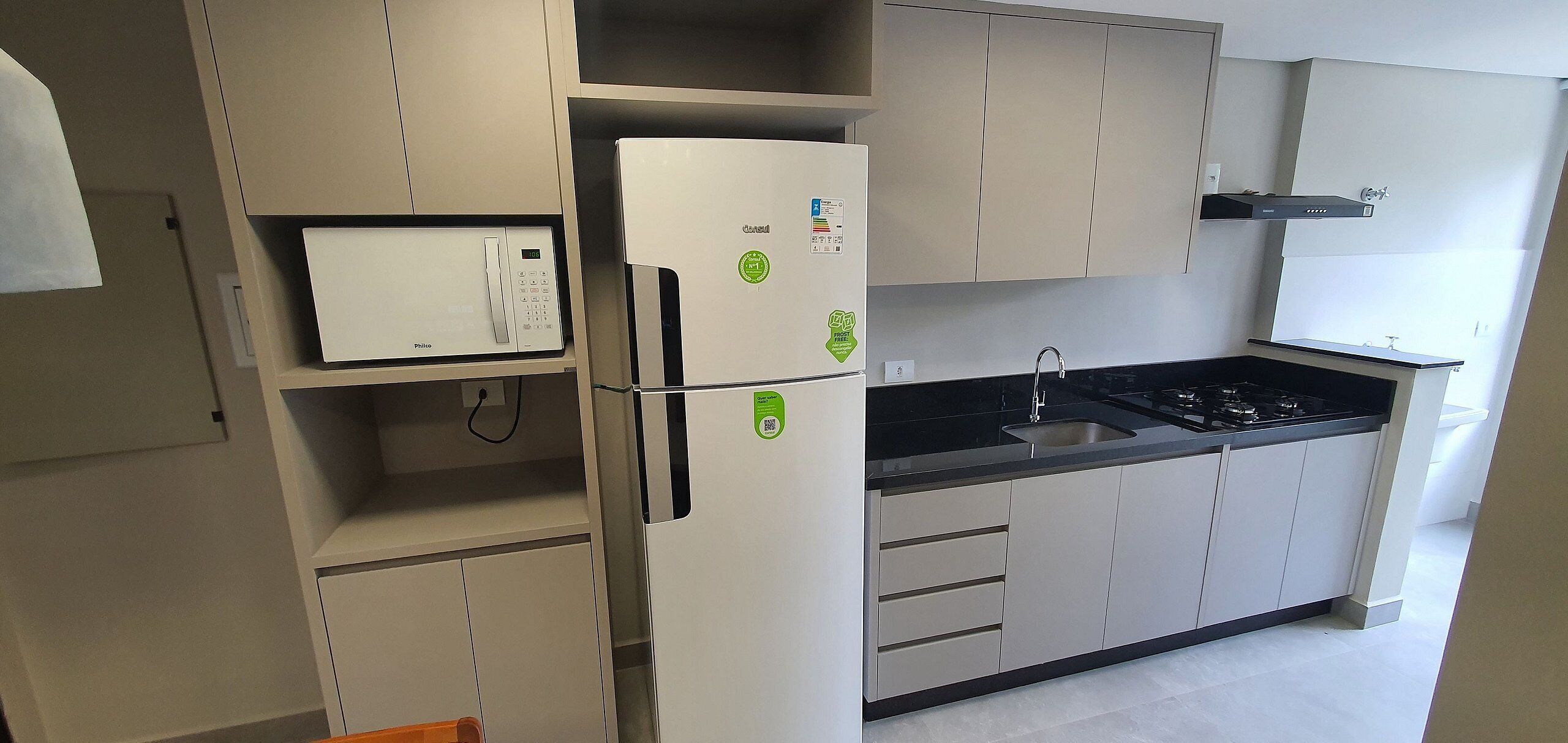 Fridge, microwave, cookware/dishes/utensils