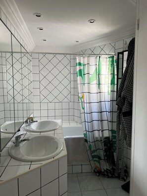 Hair dryer, towels, soap, toilet paper