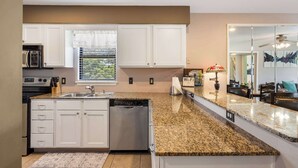 A modern kitchen with white cabinets, granite countertops, a dishwasher, and a built-in oven.