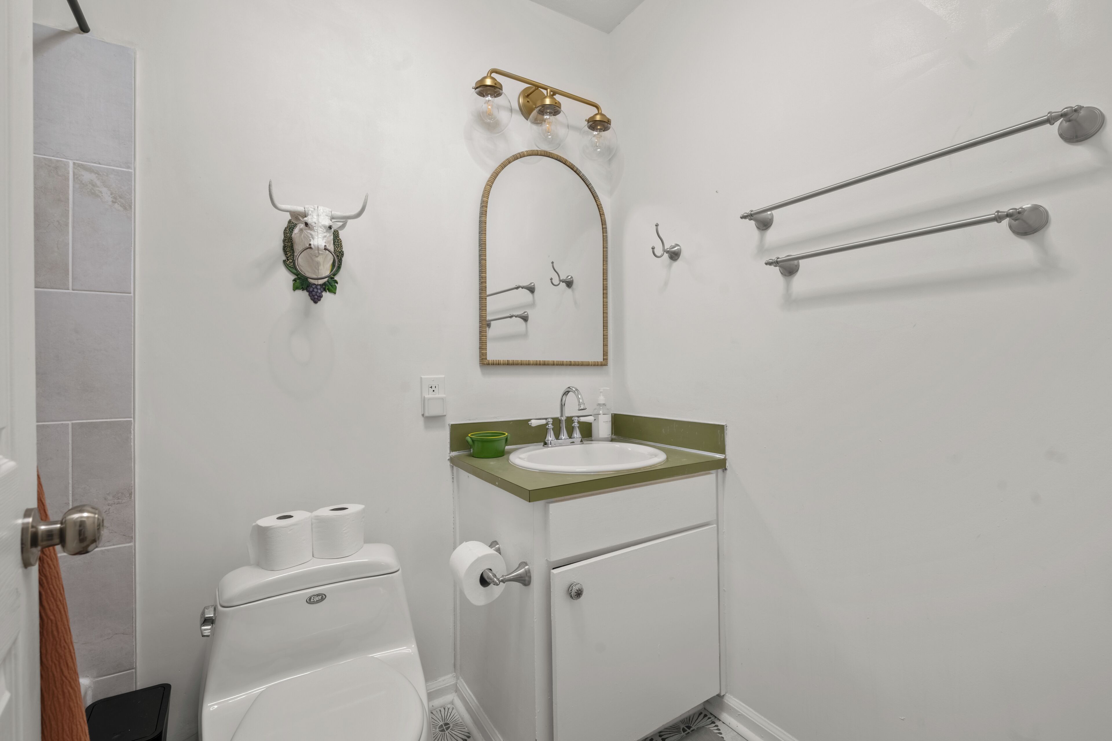 Une salle de bain comprenant des toilettes, un lavabo, un miroir, un porte-serviettes et une tête de taureau décorative fixée au mur.