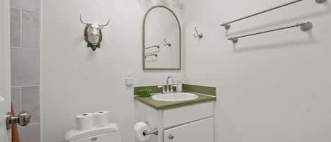 Une salle de bain comprenant des toilettes, un lavabo, un miroir, un porte-serviettes et une tête de taureau décorative fixée au mur.