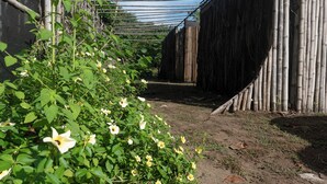 Ein Gartenbereich mit Bambuskonstruktionen und blühenden Pflanzen.