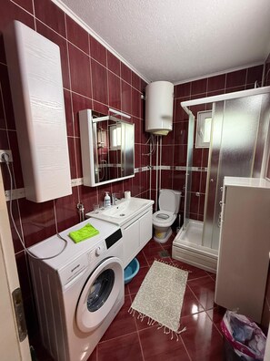 Ducha, secador de pelo, toallas y papel higiénico