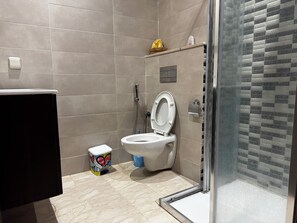 Secador de cabelo, toalhas de banho, sabonete, papel higiênico