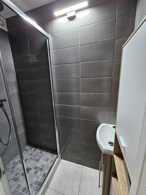 Shower, hair dryer, towels, soap