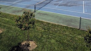 An outdoor tennis court with a net, surrounded by a fence and trees. - Charming Farmhouse Getaway With Stunning Mountain Views, Near Gettysburg  (Taneytown)