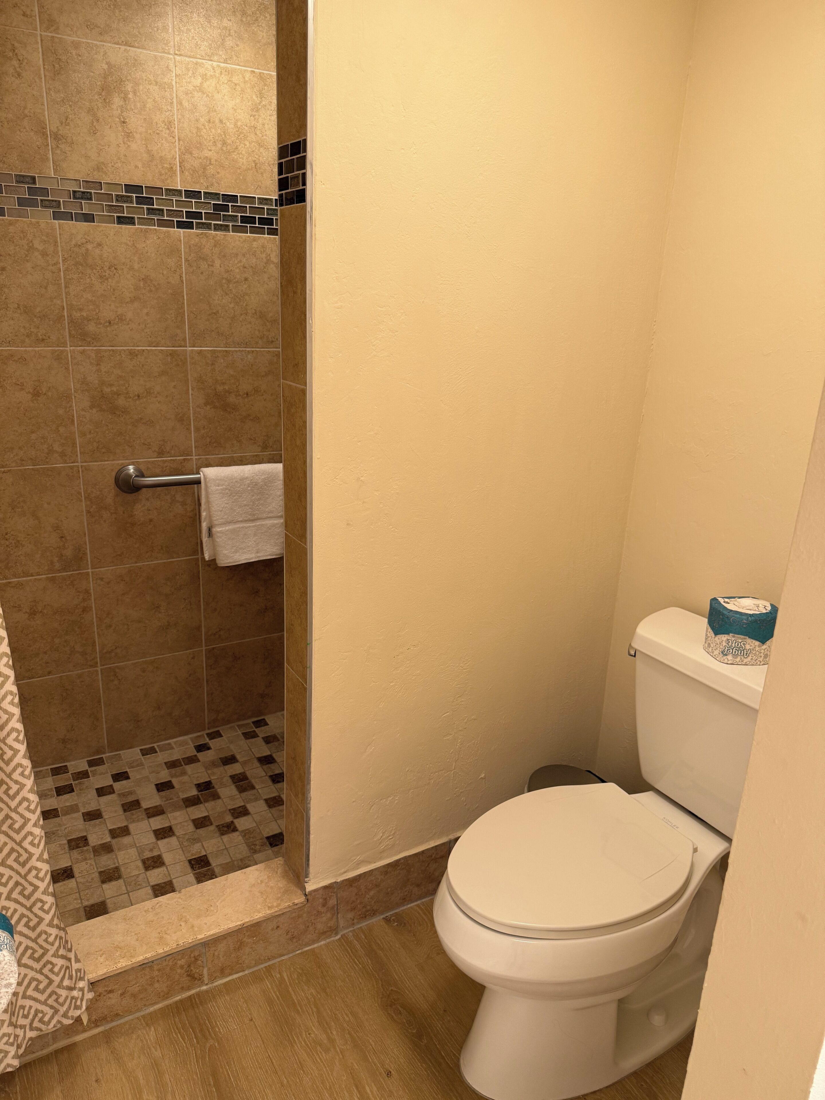 Un baño con ducha, inodoro y barra para toallas.