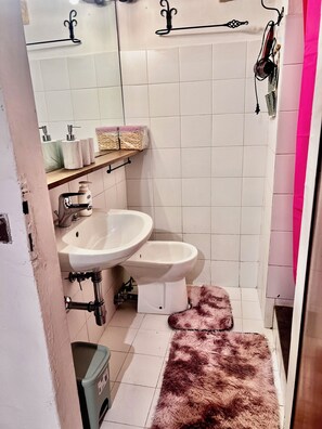 A bathroom with a sink, bidet, and a fluffy rug on the floor. - A romantic mini apartment in the heart of Florence with a great location! (Firenze)