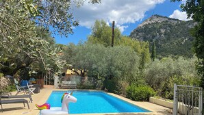 A swimming pool with a unicorn float, surrounded by greenery and a mountain backdrop.