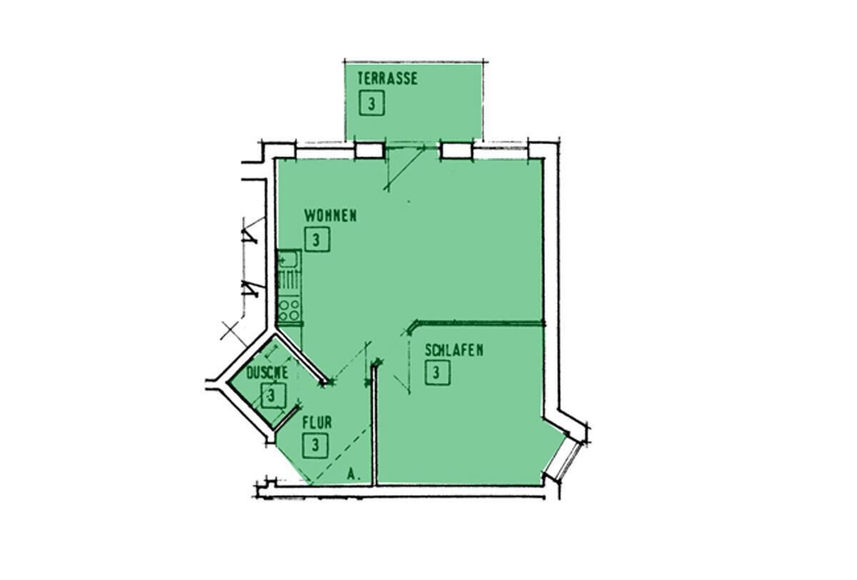 Ein Grundriss mit drei Schlafzimmern, einer Terrasse, einem Badezimmer und einem Wohnbereich.