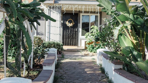 A pathway leading to a house with a front door, surrounded by plants and a brick walkway.