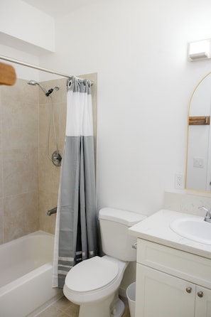 Hair dryer, towels, soap, toilet paper