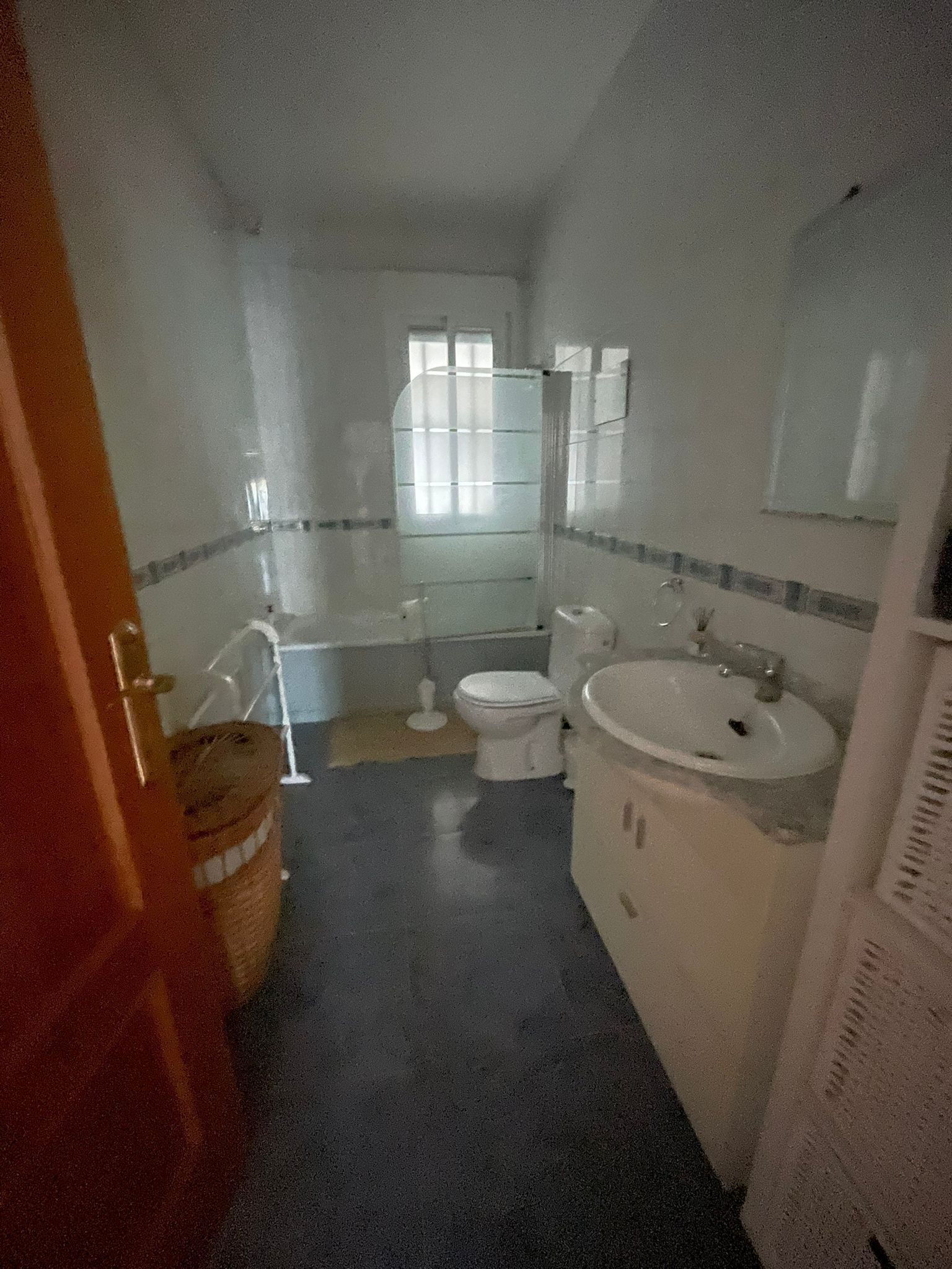Un bany amb vàter, rentapel orelles i dutxa.