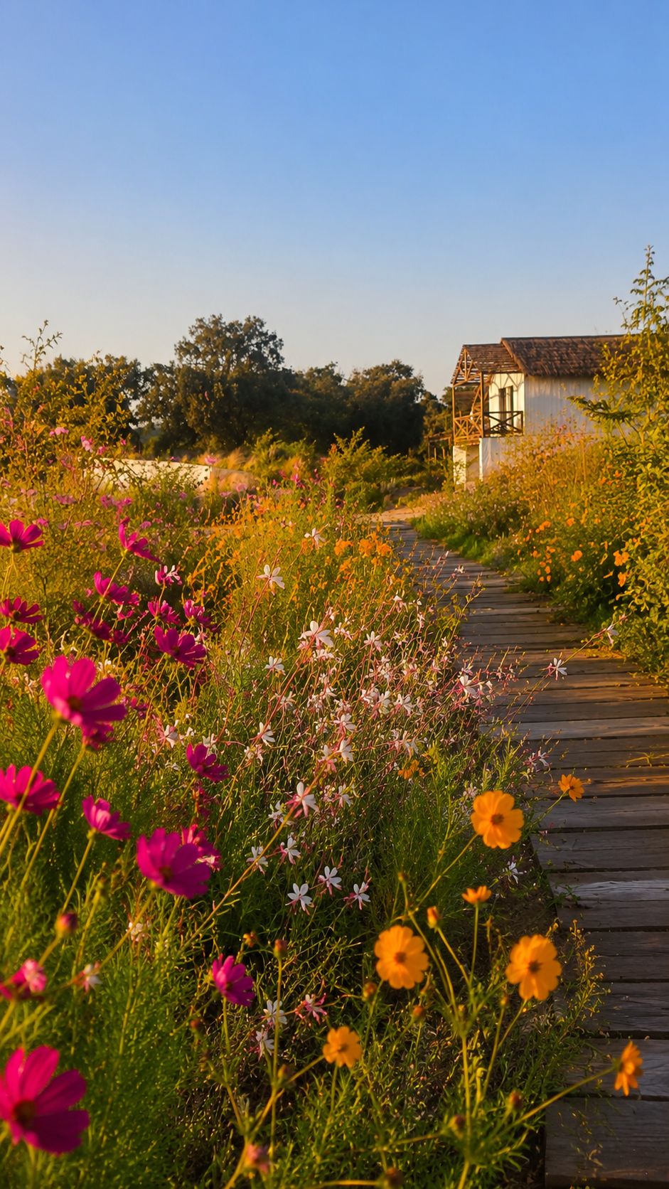 A wooden pathway leading to a rustic building surrounded by wildflowers.