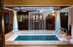 Een zwembad met een waterval, omringd door een bar en een zitgedeelte met krukken.