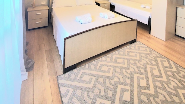 A hotel room with a large bed, a smaller bed, a desk, a chair, a patterned rug, an air conditioning unit, and a ceiling light fixture.