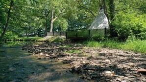 A natural outdoor area with a tent and a wooden fence. - Tiny House w/Creek and Eagles (Millersburg)
