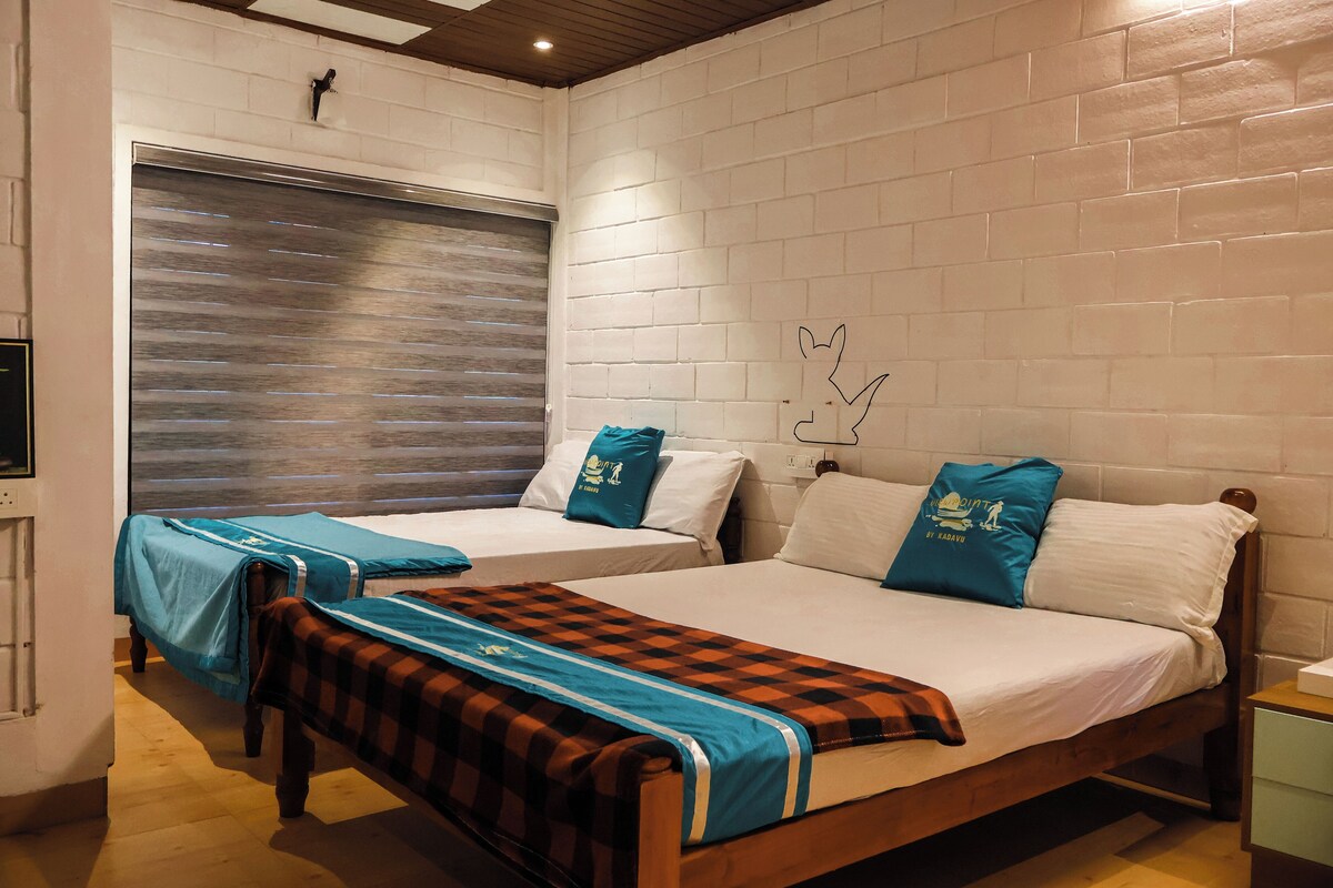 Habitación con dos camas, cada una con almohada azul y blanca, manta a cuadros y cabecero de madera.