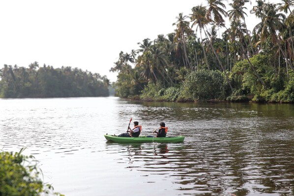Two people in a green boat on a calm river surrounded by lush greenery and palm trees. - view point villa by kadavu  (Kodungallur)