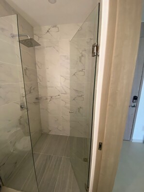 Shower, towels, toilet paper