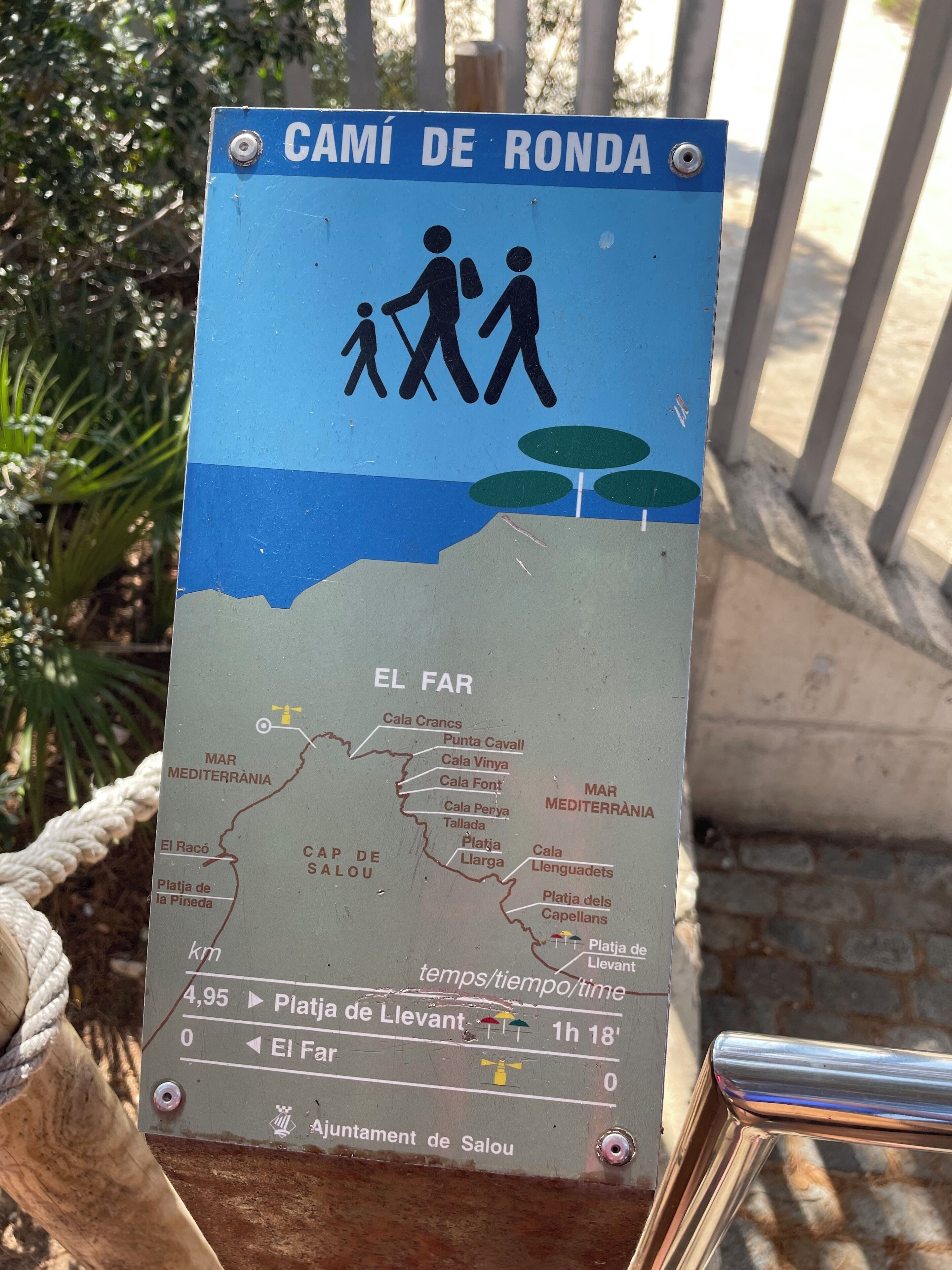 A sign with a map and symbols indicating a hiking trail, including distances and points of interest.