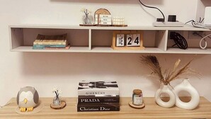 A living room with a flat-screen TV displaying a fireplace, a bookshelf with books and decorative items, a wooden coffee table with books and a clock, and a small owl-shaped speaker.