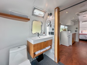 Shower, hair dryer, soap, toilet paper