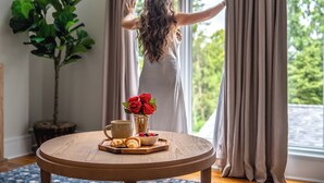 Une pièce avec une grande fenêtre, une plante en pot, une table sur laquelle se trouve un plateau avec de la nourriture et une tasse, et une personne debout près de la fenêtre.