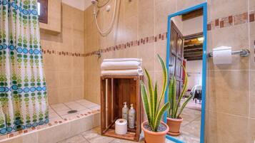Shower, hair dryer, towels, soap