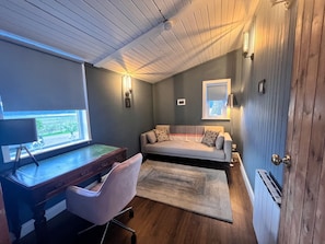 Smart TV, fireplace, books