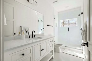 Shower, hair dryer, shampoo