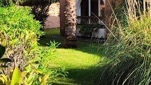 A house with a well-maintained garden, including a palm tree and various shrubs. - 42 sq.m. air-conditioned apartment in Marina di Bravone, 200 m. from the beach (Linguizzetta)