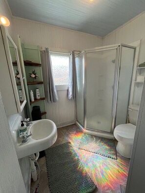 Shower, towels, soap, toilet paper