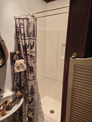 Douche, sèche-cheveux, serviettes fournies, savon