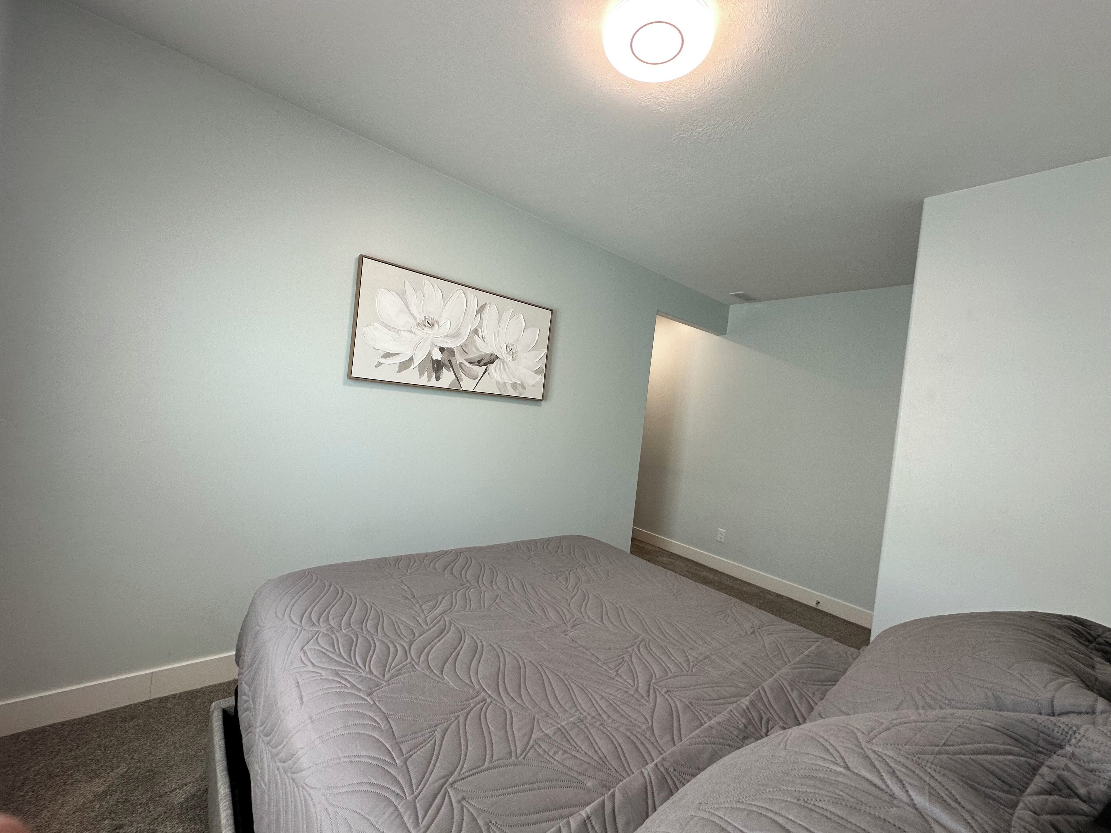 Une chambre avec deux lits, un luminaire au plafond et un tableau encadré accroché au mur.